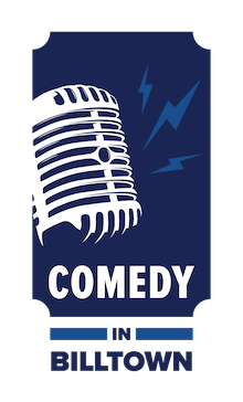 Drawing of a microphone with Comedy in Billtown printed below