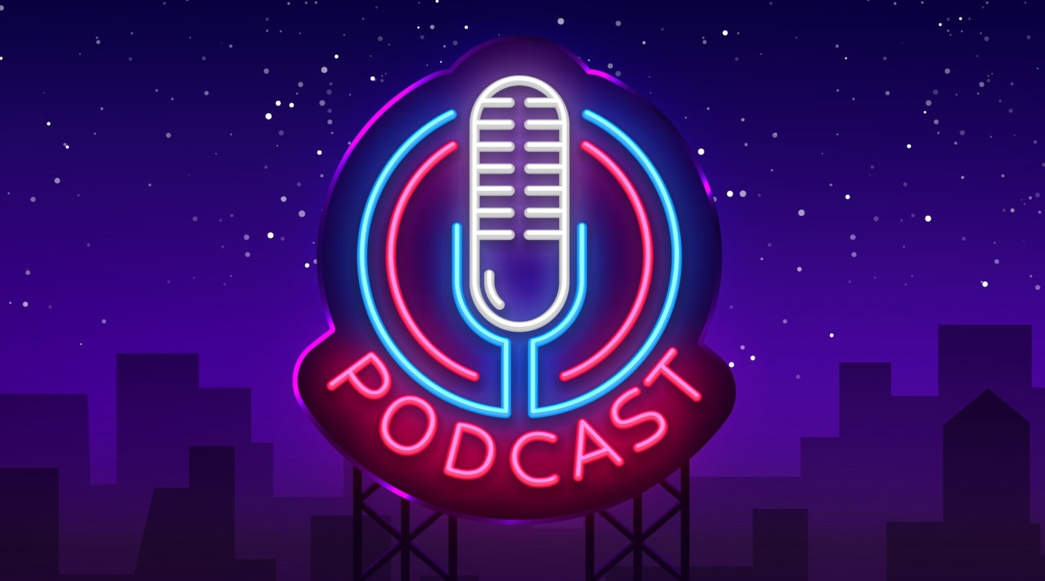 Microphone and the word "podcast" in neon.