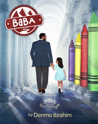 A father and daughter walking away from the viewer holding hands, the word BABA in the upper left corner