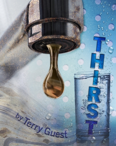 Dirty water dripping out of a faucet with the words THIRST by Terry Guest