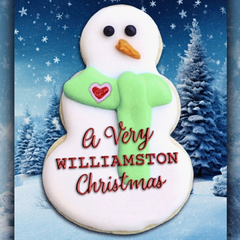 A snowman cookie with the words A VERY WILLIAMSTON CHRISTMAS