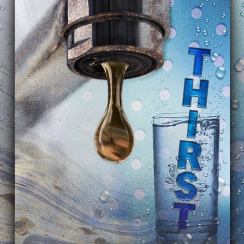 Dirty water dripping out of a faucet with the word THIRST next to it.