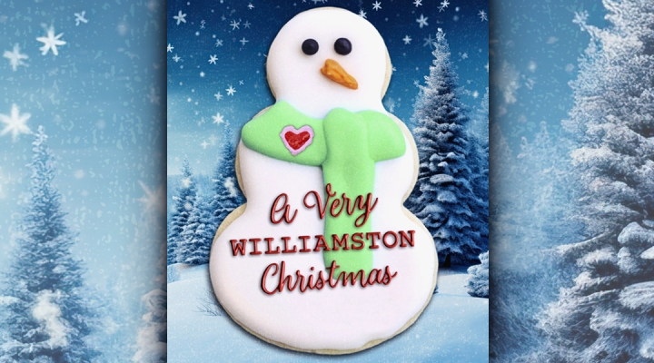 A snowman cookie with the words A VERY WILLIAMSTON CHRISTMAS