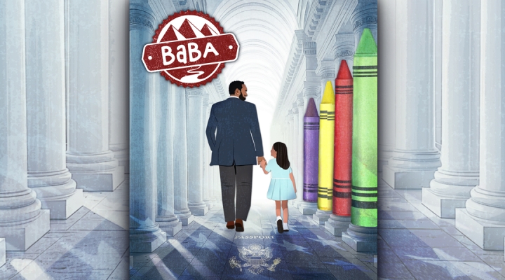 A father and daughter walking away from the viewer holding hands, with the word BABA in the upper left corner