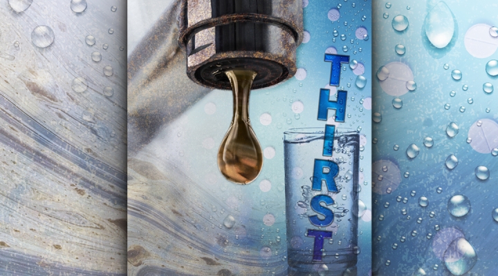 Dirty water dripping out of a faucet with the word THIRST next to it.